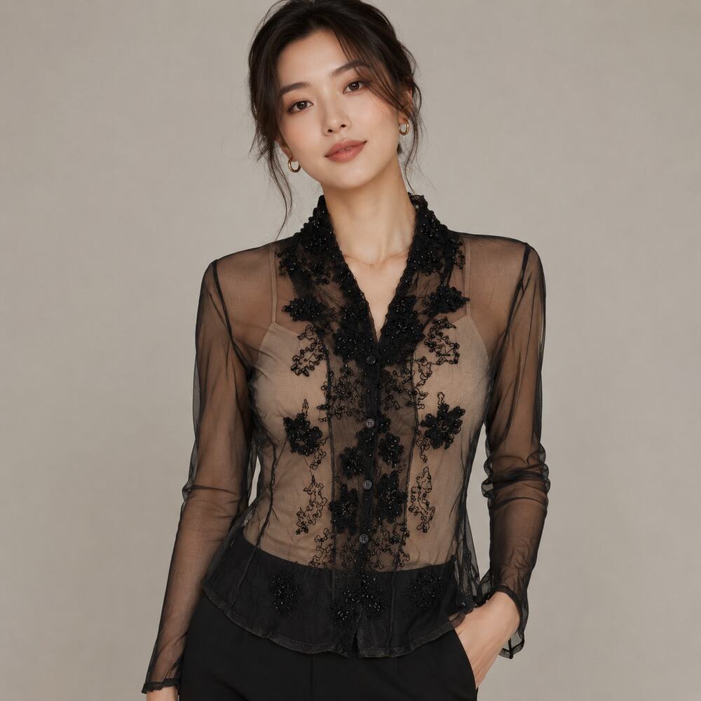 Cami SZ 8 VTG Sheer Black Cardigan With Beading Goth Grunge Fairycore Vamp
